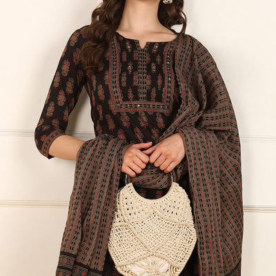 Brown Cotton Floral Printed Straight Suit Set JPSKD1007BRN