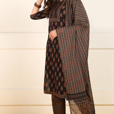 Brown Cotton Floral Printed Straight Suit Set JPSKD1007BRN