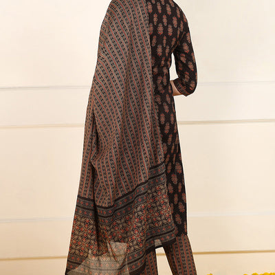 Brown Cotton Floral Printed Straight Suit Set JPSKD1007BRN