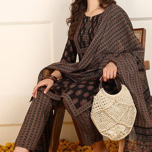 Brown Cotton Floral Printed Straight Suit Set JPSKD1007BRN