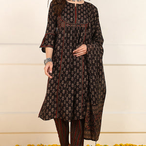 Brown Cotton Floral Printed Straight Suit Set JPSKD1008BRN