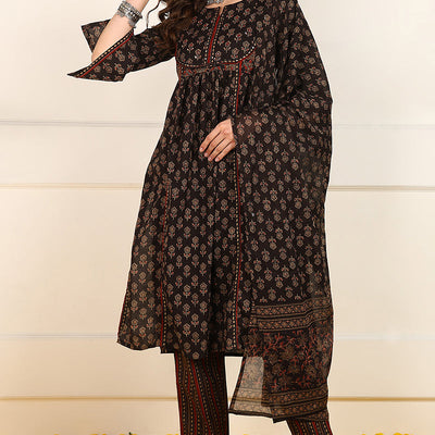 Brown Cotton Floral Printed Straight Suit Set JPSKD1008BRN