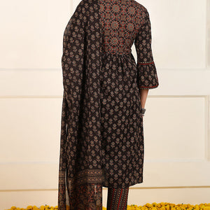Brown Cotton Floral Printed Straight Suit Set JPSKD1008BRN
