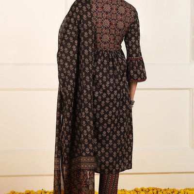 Brown Cotton Floral Printed Straight Suit Set JPSKD1008BRN