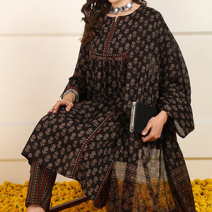 Brown Cotton Floral Printed Straight Suit Set JPSKD1008BRN