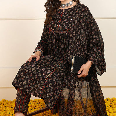 Brown Cotton Floral Printed Straight Suit Set JPSKD1008BRN