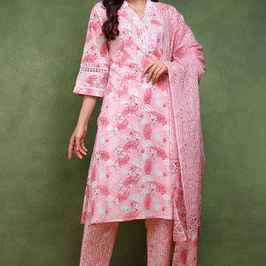 Pink Pure Cotton Floral Printed Straight Suit Set JPSKD1015PNK
