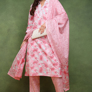 Pink Pure Cotton Floral Printed Straight Suit Set JPSKD1015PNK