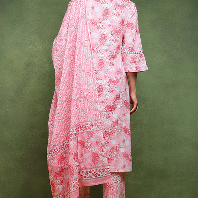 Pink Pure Cotton Floral Printed Straight Suit Set JPSKD1015PNK