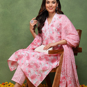 Pink Pure Cotton Floral Printed Straight Suit Set JPSKD1015PNK