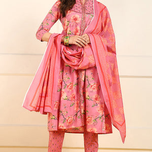 Pink Pure Cotton Floral Embroidered A-Line Suit Set JPSKD1025PNK