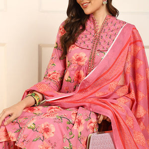 Pink Pure Cotton Floral Embroidered A-Line Suit Set JPSKD1025PNK