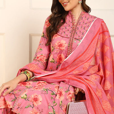 Pink Pure Cotton Floral Embroidered A-Line Suit Set JPSKD1025PNK