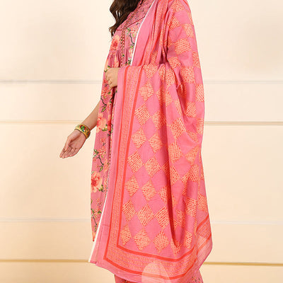 Pink Pure Cotton Floral Embroidered A-Line Suit Set JPSKD1025PNK