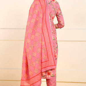 Pink Pure Cotton Floral Embroidered A-Line Suit Set JPSKD1025PNK