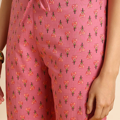 Pink Pure Cotton Floral Embroidered A-Line Suit Set JPSKD1025PNK