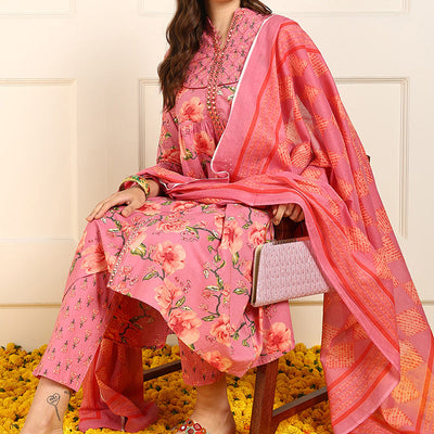 Pink Pure Cotton Floral Embroidered A-Line Suit Set JPSKD1025PNK