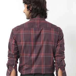 Rare Rabbit Men's Juba Dark Maroon Cotton Fabric Full Sleeves Checks Shirt