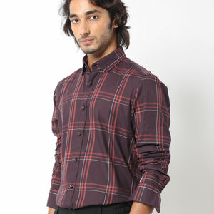 Rare Rabbit Men's Juba Dark Maroon Cotton Fabric Full Sleeves Checks Shirt