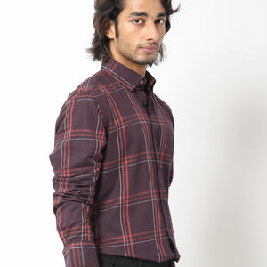 Rare Rabbit Men's Juba Dark Maroon Cotton Fabric Full Sleeves Checks Shirt