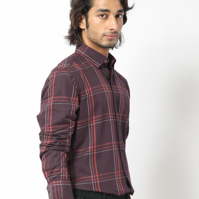 Rare Rabbit Men's Juba Dark Maroon Cotton Fabric Full Sleeves Checks Shirt