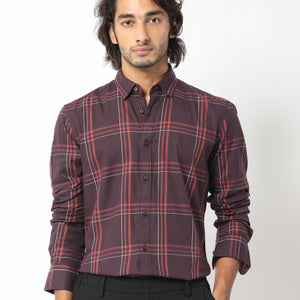 Rare Rabbit Men's Juba Dark Maroon Cotton Fabric Full Sleeves Checks Shirt