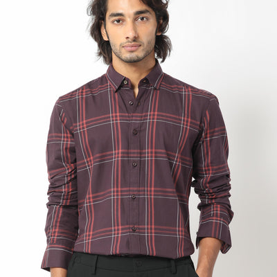 Rare Rabbit Men's Juba Dark Maroon Cotton Fabric Full Sleeves Checks Shirt