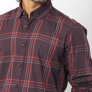 Rare Rabbit Men's Juba Dark Maroon Cotton Fabric Full Sleeves Checks Shirt