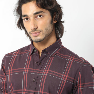 Rare Rabbit Men's Juba Dark Maroon Cotton Fabric Full Sleeves Checks Shirt