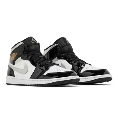 Jordan 1 Mid SE Patent Black White Metallic Silver Metallic Gold