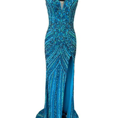 Bead Print Fitted Strapless Slit Gown by Jovani 38707