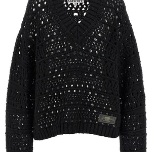 Ganni Black Crochet V-neck Sweater