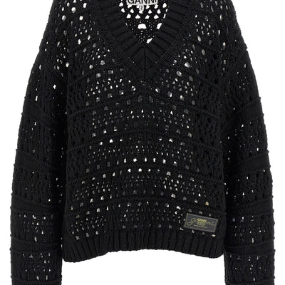 Ganni Black Crochet V-neck Sweater