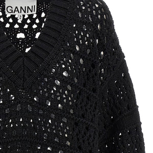 Ganni Black Crochet V-neck Sweater