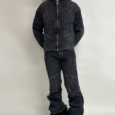 BIKER DENIM JACKET - DARK GREY