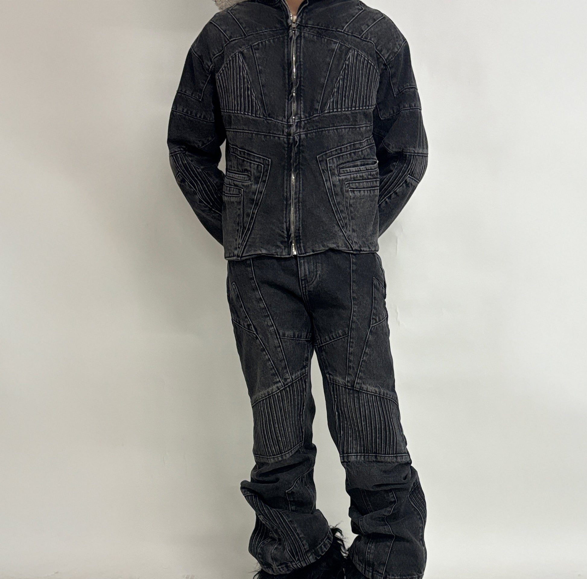 BIKER DENIM JACKET - DARK GREY