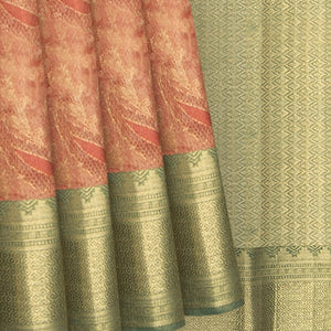Peach Handwoven Kanchipuram Tissue Lino Korvai Silk Sari With Contrast Green Pallu