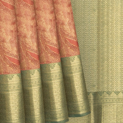 Peach Handwoven Kanchipuram Tissue Lino Korvai Silk Sari With Contrast Green Pallu