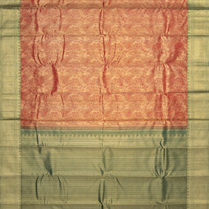 Peach Handwoven Kanchipuram Tissue Lino Korvai Silk Sari With Contrast Green Pallu
