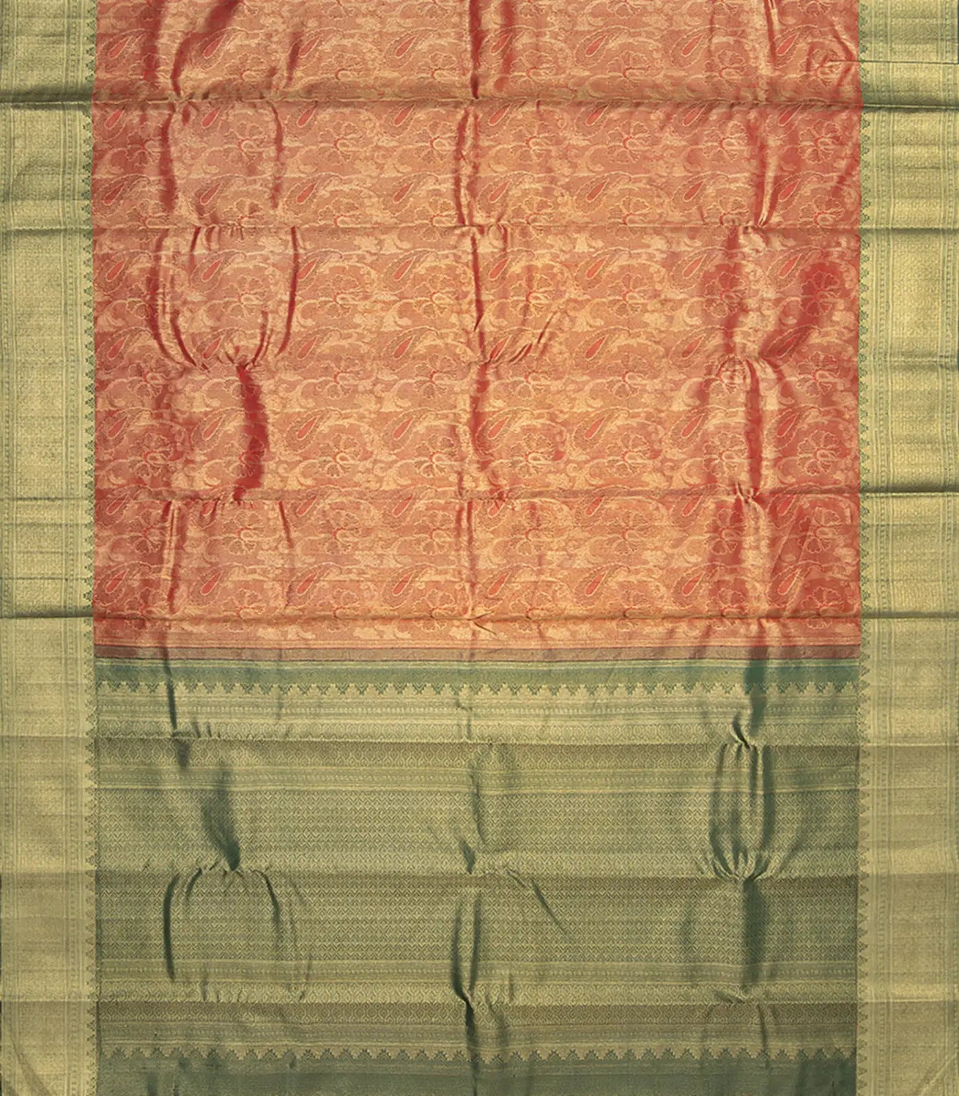 Peach Handwoven Kanchipuram Tissue Lino Korvai Silk Sari With Contrast Green Pallu
