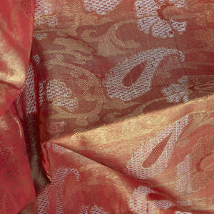 Peach Handwoven Kanchipuram Tissue Lino Korvai Silk Sari With Contrast Green Pallu