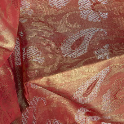 Peach Handwoven Kanchipuram Tissue Lino Korvai Silk Sari With Contrast Green Pallu