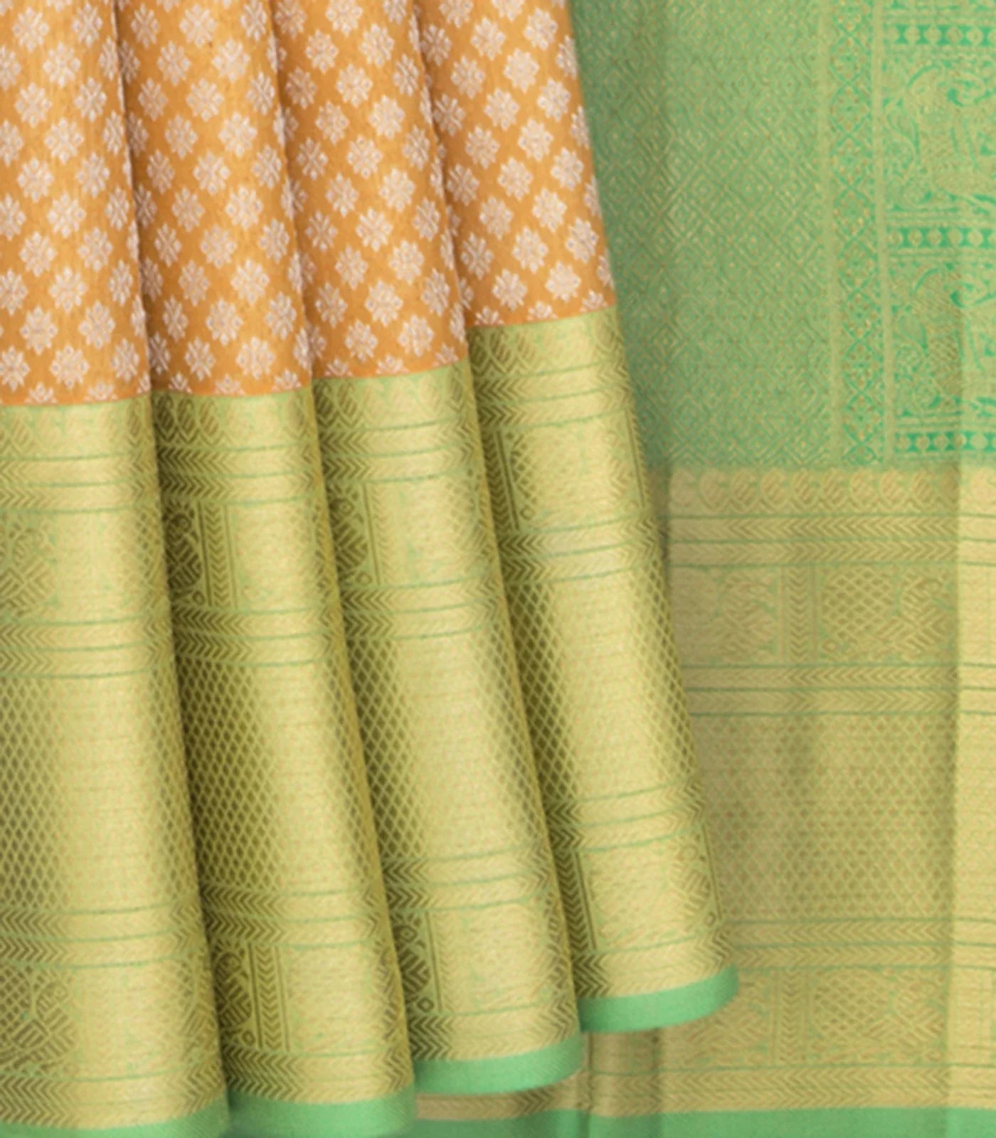 Peach Zari Handwoven Kanchipuram Korvai Silk Saree With Silver Zari Floral Motifs And Green Pallu