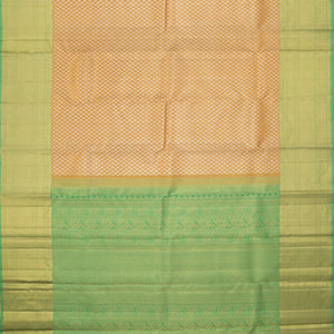 Peach Zari Handwoven Kanchipuram Korvai Silk Saree With Silver Zari Floral Motifs And Green Pallu