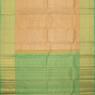 Peach Zari Handwoven Kanchipuram Korvai Silk Saree With Silver Zari Floral Motifs And Green Pallu