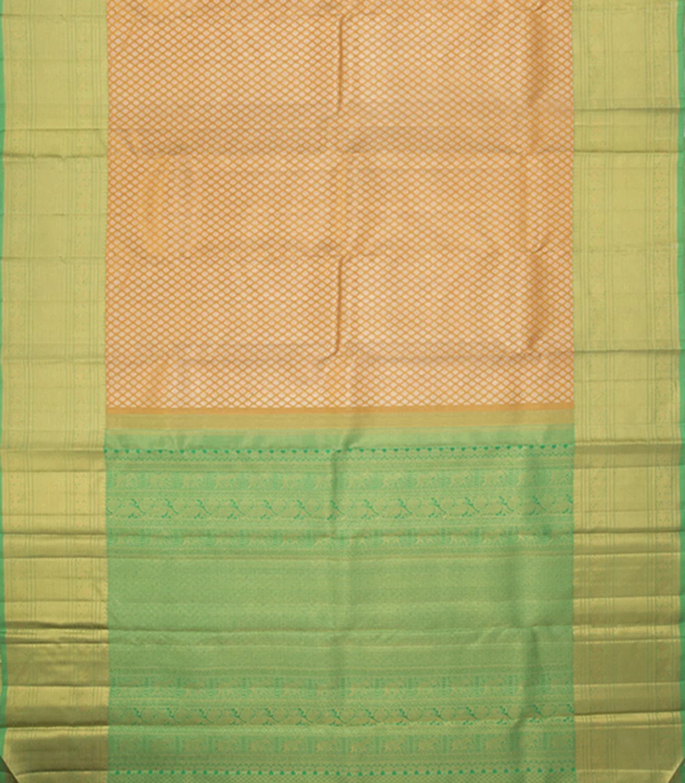 Peach Zari Handwoven Kanchipuram Korvai Silk Saree With Silver Zari Floral Motifs And Green Pallu