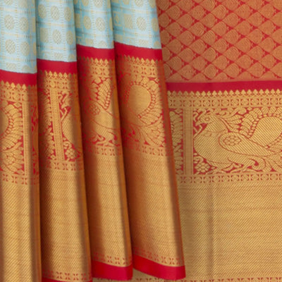 Light-Blue Handwoven Kanchipuram Tissue Saree With Contrast Pallu In Red-Light Blue