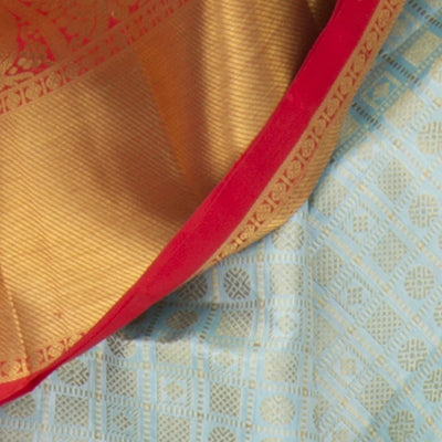 Light-Blue Handwoven Kanchipuram Tissue Saree With Contrast Pallu In Red-Light Blue