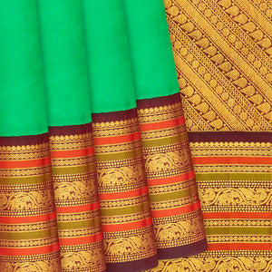 Green Handloom Kanchipuram Korvai Silk Saree With Maroon Border-Green