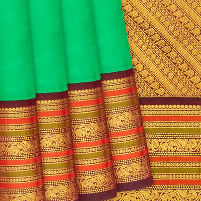 Green Handloom Kanchipuram Korvai Silk Saree With Maroon Border-Green